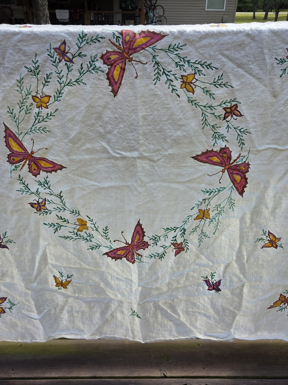 Flossie Painte Butterfly Linen Tablecloth - White with Pink & Yellow Butterflies